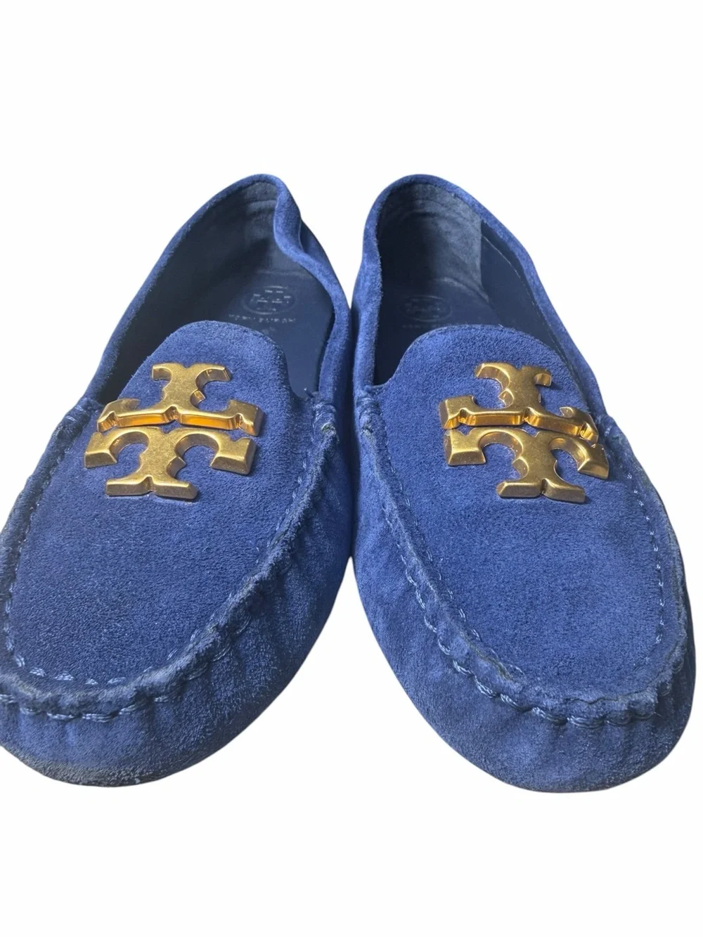 Tory Burch Everly driver loafers royal navy suede, emblem brass logo NEW size 7